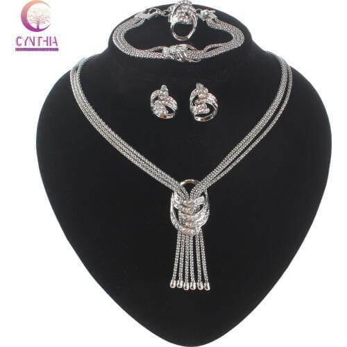 New Design Top Quality Silver color Crystal Necklace Bracelet Earring Wedding Party Gift Bridal Costume African Jewelry Sets