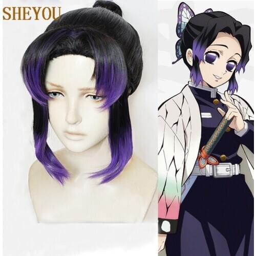 Anime Demon Slayer: Kimetsu no Yaiba Kochou Shinobu Short Black Purple Heat Resistant Hair Cosplay Costume Wigs + Wig Cap