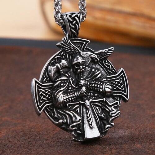 Gothic Viking Warrior Skull Necklace Pendant Men Stainless Steel Cross Chain Nordic Retro Odin Trinity Pendant Amulet Jewelry