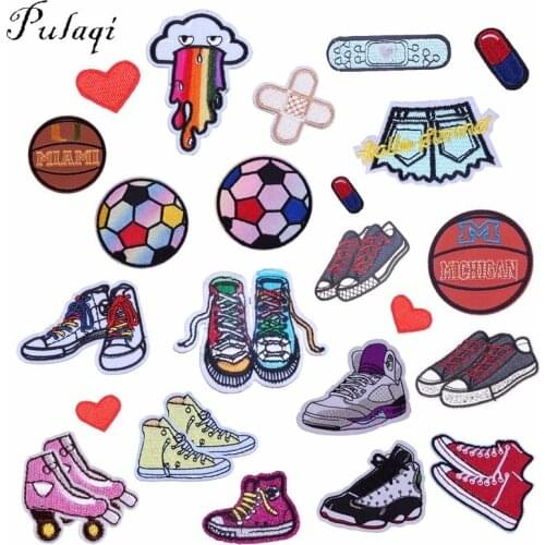 Pulaqi Play Sports Ball Patches Embroidery Iron On Patch For Kids Clothes Fabric Sticker Shpot Shoes Applique Decoration F