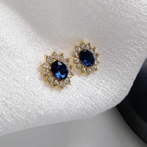 S925 needle Retro Jewelry Earrings Delicate Design High Quality Bling Bling Crystal Oval Big Blue Glass Stud Earrings For Women