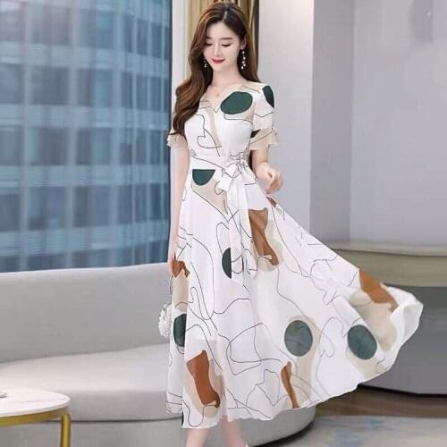 French Temperament V-Neck Printed Chiffon Dress Summer Clothes Short Sleeve New Womens Long Dress Elegant Slim Femme Robe zh543