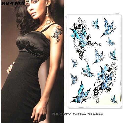 Nu-TATY blue butterfly Temporary Tattoo Body Art Arm Flash Tattoo Stickers 17*10cm Waterproof Fake Henna Painless Tattoo Sticker