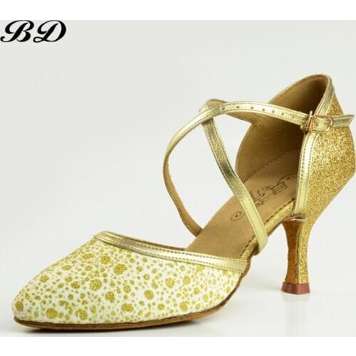 TOP BD Dance Shoes Modern Womens Shoes Adult Soft Bottom National Standard Waltz Round Toe Profession Sequins Free Bag 116 HOT