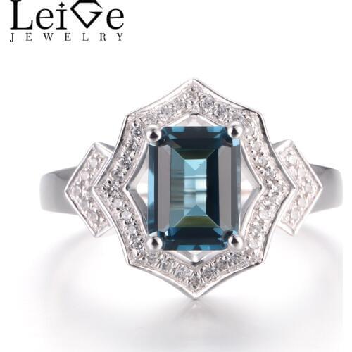 LeiGe Jewelry Real London Blue Topaz Rings Promise Rings November Birthstone Rings Emerald Cut Ring Solid 925 Sterling Silver