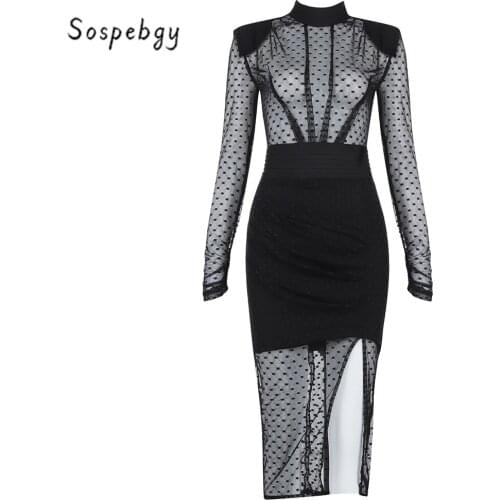 Spring 2021 Womens Sexy See Through Mesh Stitching Long-sleeved Bodycon Black Midi Dress Elegant Celebrity Bandage Party Dress