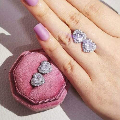 High Quality Velentines Day Gift For Lover Girlfriend White Pink Heart Cubic Zirconia CZ Cluster Stud Earring