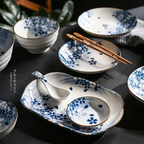 Japanese blue cherry blossom bowls and dishes creative ceramic tableware set household rice bowl soup noodle bowl fish plate fla