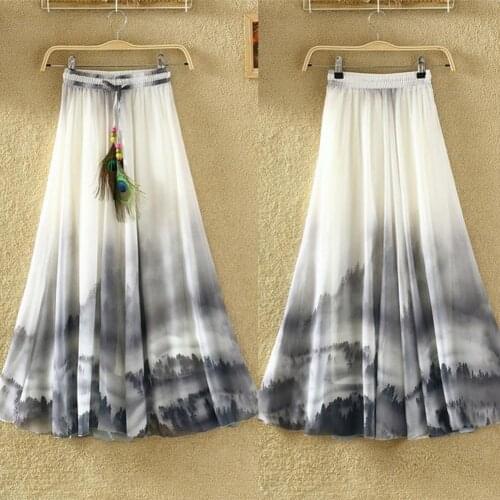 New Arrival Summer Beach Bohemian Women Chiffon Flower Print Drawstring Maxi Long Skirt Wholesale Dropshipping HOT SALES