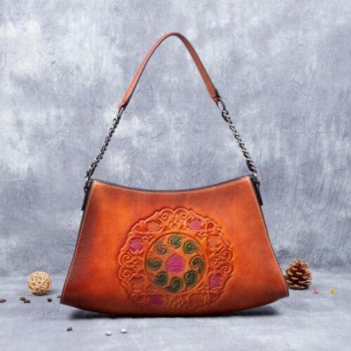 Chinese Style Shopping Genuine Leather Women Shoulder Bags 2021 Summer Female Retro Embossed First Layer Cowhide Casual Handbag