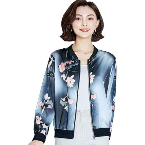2021 Lady Spring Imitation Silk Coat Casual Baseball Uniform Sports Top Elegant Female Middle-aged Elderly Mother Jacket OK932
