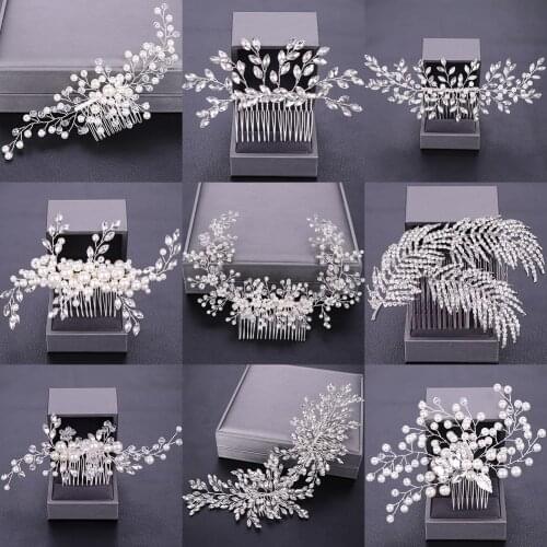 Women Hair Combs Wedding Hair Accessories Tiara Pearl Rhinestone Silver Color Bridal Hair Ornament Flower Head Jewelry Headband