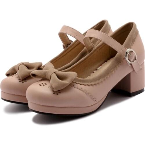 AGODOR Girls Mary Jane Shoes for Women Block Heels Platform Bow Pumps Rockabilly Cosplay Lolita Shoes Women Big Size Blue Pink