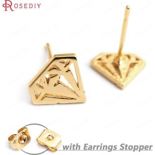 35002)6PCS Rhombus 9.5x8.5MM 24K Gold Color Brass Rhombus Stud Earrings High Quality Diy Accessories Jewelry Findings