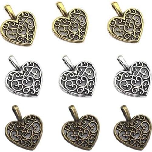 50pcs 14x17mm Silver Color Heart Pendant Metal Tibet Charms DIY Vintage Bracelet Necklace Earring Findings Accessories Making