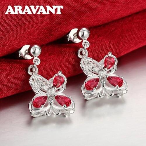 925 Sliver Red Zircon Butterfly Earring For Women Wedding Fashion Jewelry