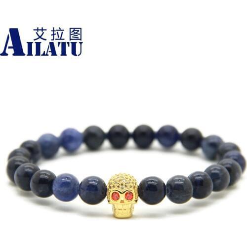 Ailatu 10pcs/lot Wholesale 8mm Natural Blue Veins Stone with Micro Inlay Zircon Skull Bracelet Fashion Jewelry