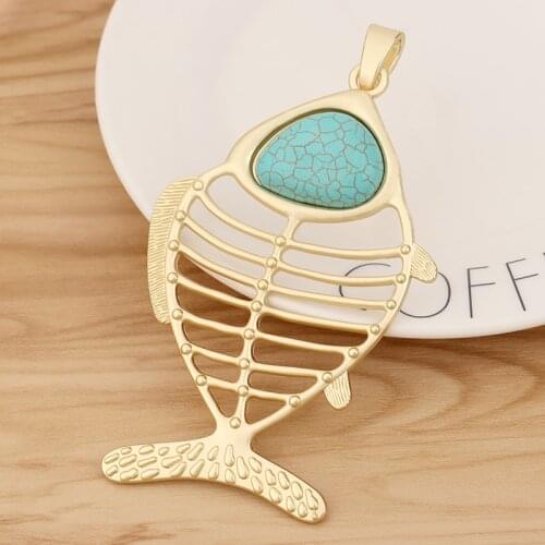 1 Piece Matte Gold 3D Large Fish Bone Skeleton & Faux Turquoise Stone Charms Pendants for Necklace Jewellery Making 110x63mm