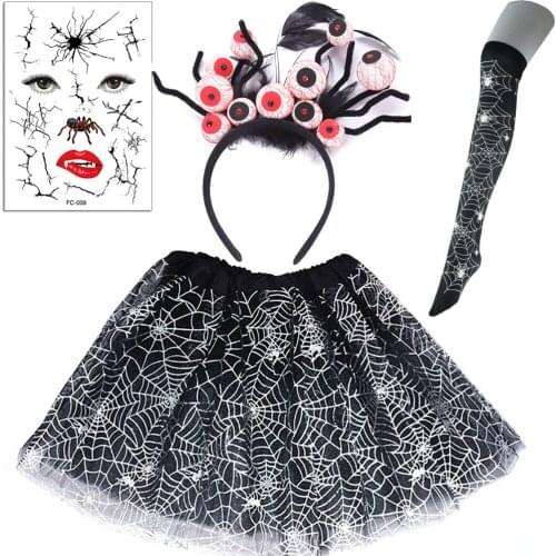 Kids Girls Halloween Spider Web Witch Tutu Skirt Cosplay Costumes Eye Ball Headband Hat Stocking for Birthday Party Festival