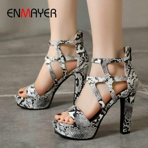 ENMAYER Women Sandals Summer 2020 Hing Heel PU Party Zip Solid Cover Heel Platform High Heels Sandals Women Fashion Women Shoes