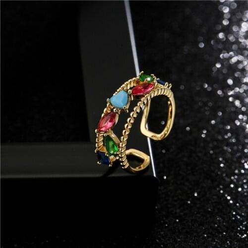 New Fashion Colourful CZ Stone Pave Setting Hollow Design Open Ring For Women Gold Color Copper Wedding Ring Femme Bijoux