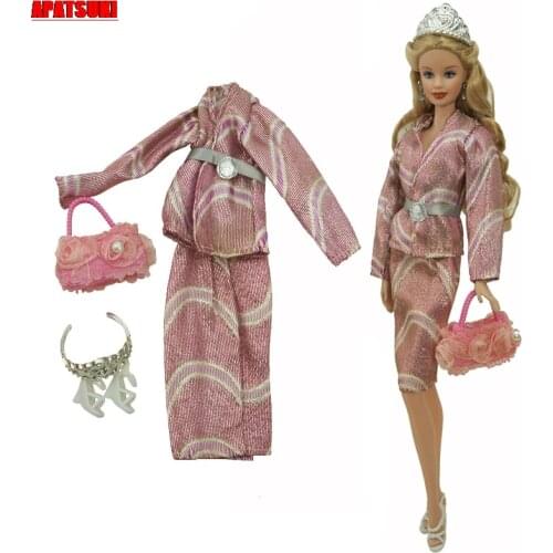 Pink Fashion Doll Clothes Set for Barbie Doll Outfits Shoes Coat Jacket Skirt Handbag Belt Crown 1/6 Dolls Accessories Kid Toys