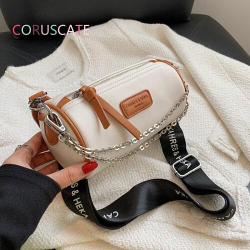 Fashion Womens Cylinder Bag New Solid PU Leather Messenger Bag High Quality Metal Chain Females Single Shoulder Underarm Bag