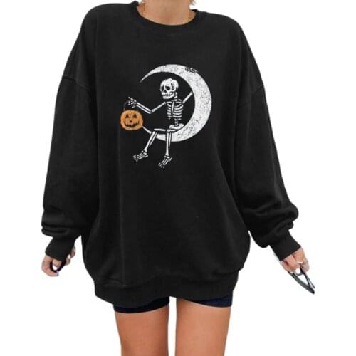 Fashion Women Halloween Sweatshirt Pumpkin/Skeleton Print Round-Neck Long Sleeves Pullover Sweatshirts Streetwear