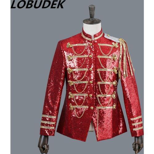 Nightclub bar male DS costumes Red sequins jacket blazer fashion slim coat uniform singer host stage prom show performance Coat