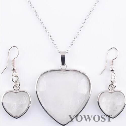 Natural Crystal Heart Love Bead Pendant Necklace Earrings Jewelry Set Silvers Chain Necklace for Women QQ3083