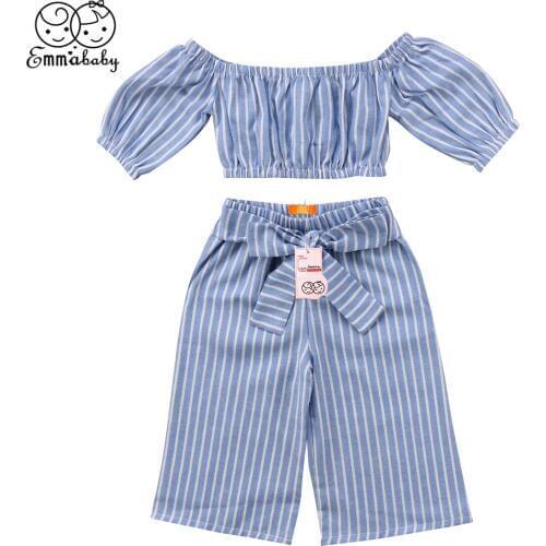 New lovely summer cute Baby Kid Girls Off-shoulder striped crop Tops shirts Loose Stripe Bowknot Pants 2pcs fashion kid Outfits