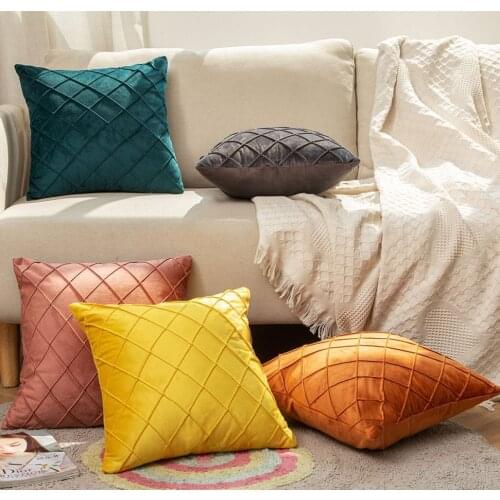 Solid Color Soft Velvet Sofa Cushion Cover Rhombus Plaid Decorative Throw Pillow Cases for Living Room Car House Office Decor