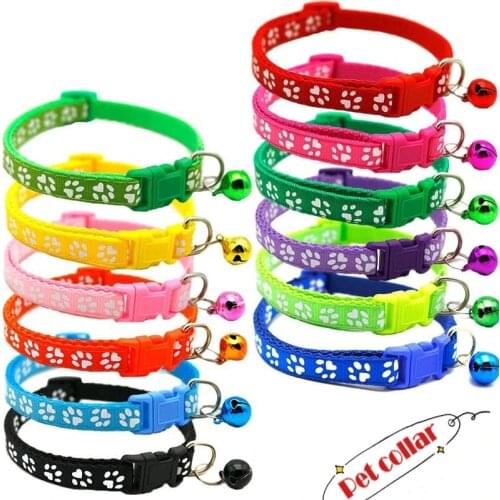 Pet Collar Cat Dog Safety Buckle Bell Collar Puppy Kitten Cute Solid Color Footprint Print Adjustable Bell Collar Pet Accessory