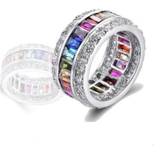 Rainbow Square Female CZ Engagement Ring Silver color Fashion Jewelry Female Color Cube Zirconia Eternal Classic Jewelry