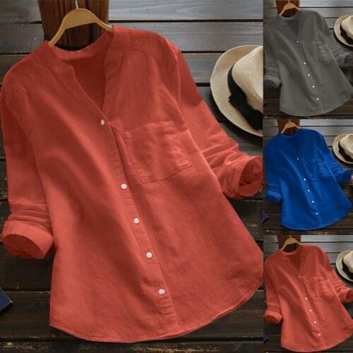 Casual Long Sleeve Solid Loose Shirts Women Cotton And Linen Blouses And Tops Button Streetwear V-neck Tunic 2021 #T2G