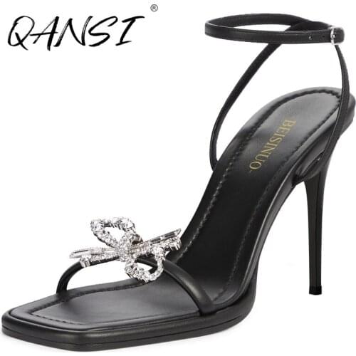 Summer Crystal Bowknot Stiletto Women Black Sandals Fashion Thin Belt Square Toe Womens Sandals Elegant High Heel Girl Sandals