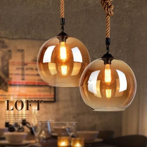 Loft Amber Retro Hemp Rope Glass Pendant Lights LED Pendant Lamp Plated Transparent Hanglamp Vintage Classic Hanging Lamp Deco