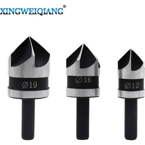 3pcs/set 90 Degree 1/4 Hex Shank Drill Bit 5 Flute 12mm 16mm 19mm Woodworking Chamfer Counter Sink Chamfering Debur Countersink