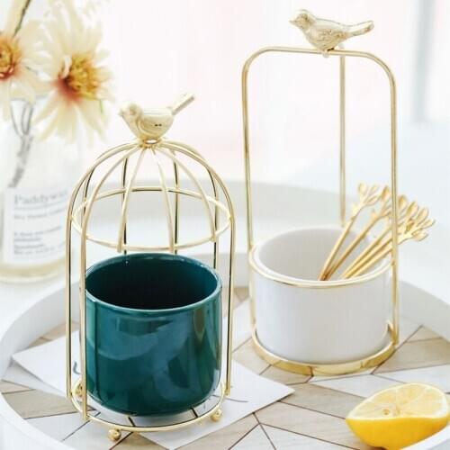 Iron fruit tea set ceramic storage tube bird cage golden stirring spoon storage decoration living room fruit fork set