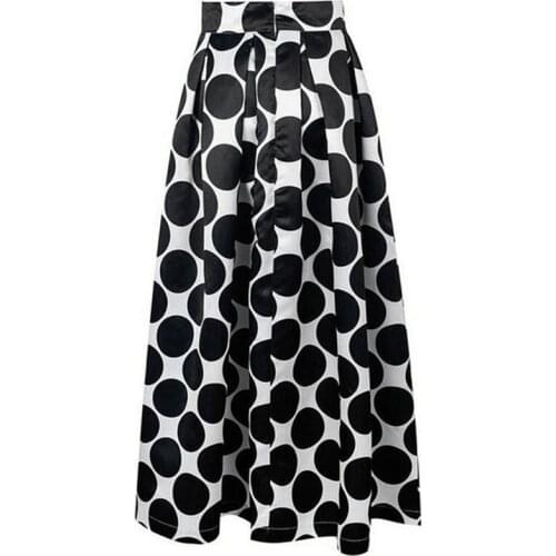 Fashion Vintage High Waist Polka Dots Printed Maxi Skirt Fall Casual Elegant Women Long Skirt Black/Blue/Red Pleated Skirt