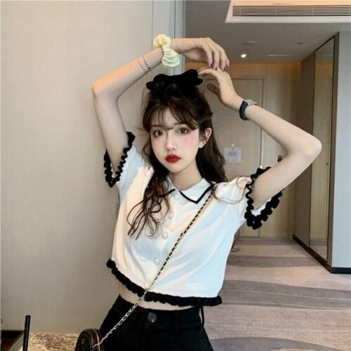 Woman TShirts Retro T-Shirt Ruffled Short Sleeves Knitted Top Summer Crop Top Mujer Camisetas SA523