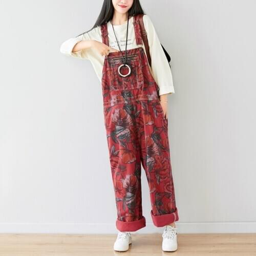 Womens Loose Denim Dungarees Ladies Printed Wide Leg Jumpsuit Playsuit Pants Trousers with Pockets