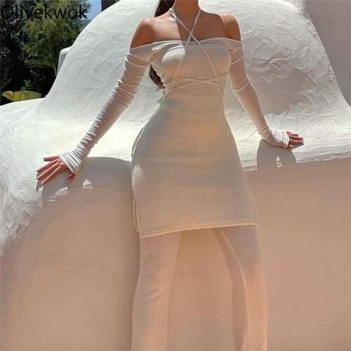 Olivekwok Woman Fashion Solid White Two Piece Sets Long Sleeve Pants Sets Bandage Streetwear Slash Neck Fall 2021 Outfits