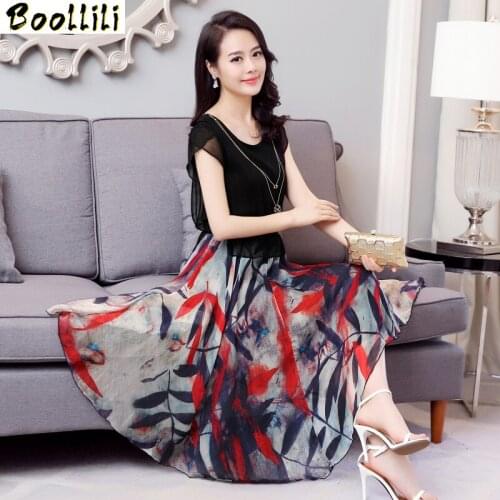 Boollili Real Silk Long Dress Women Slim Print Summer Dress Party Maxi Vestidos Ladies Elegant Clothes Plus Size Vestido