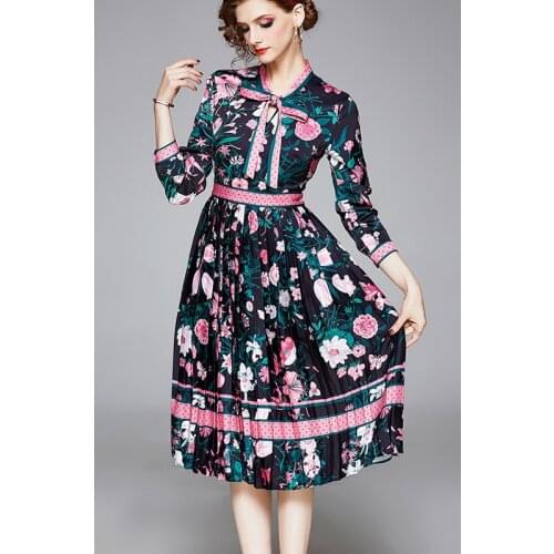 Runway Designer Summer autumn midi long Dresses Womens Floral Print Pleated Vintage Shirt Dress ropa mujer vestidos de verano
