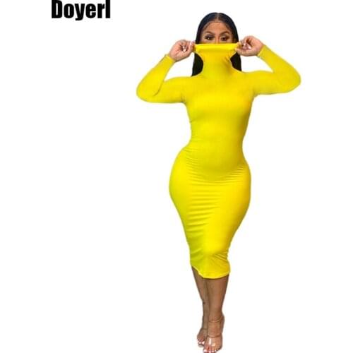 Plus Size Bodycon Party Dress Women Autumn Winter Turtleneck Long Sleeve Yellow Sexy Bandage Dress for Women Club Midi Dress