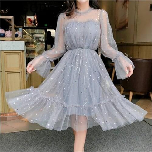 Spring Autumn New Female O-neck Stars Sequined Mesh Shiny Fairy Dress Women Elegant Bling Gauze Princess Puff Dresses