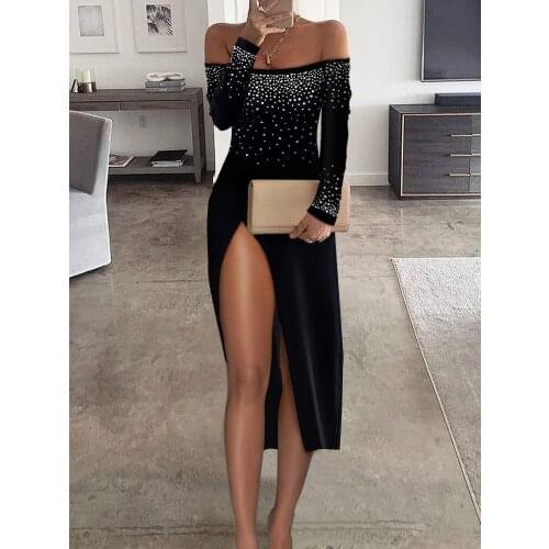 Off Shoulder Dress Women Sexy Evening Midi Dresses Long Sleeve Elegant Partywear Dot Print Vintage Aesthetic Side Split Dress