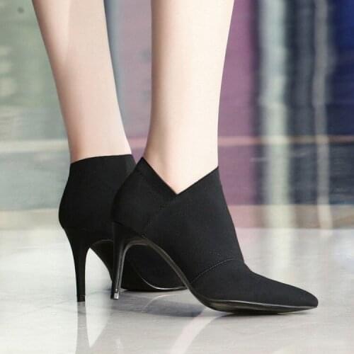 2020 Grey Fashion Women High Heel Booties Large Size 34-41 Female High-Heeled Boots Young Ladies Booties 8.5cm Heel Cloth Boots