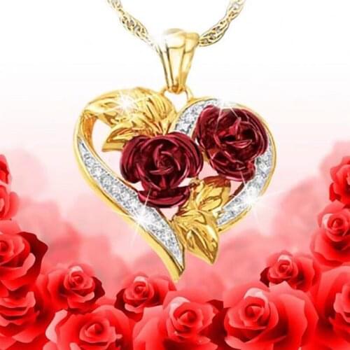 2021 Fashion Heart Shape Rose Zircon Necklace Neck Chain Women Romantic ValentineS Day Gift Female Necklace Party Girls Gift
